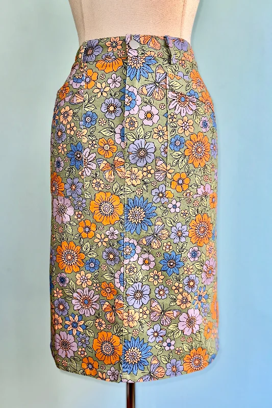 60's Floral Twill Knee Length Skirt