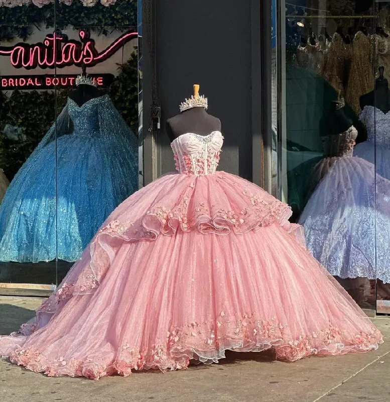 Blush Pink Princess Quinceanera Dresses 3D Floral Butterfly Boning Corset vestido de quinceañera Sweet 15 Prom Gown