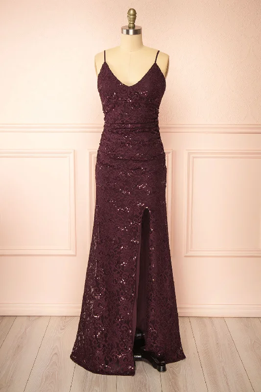 Samy Burgundy | Sparkly Lace Mermaid Dress w/ Slit