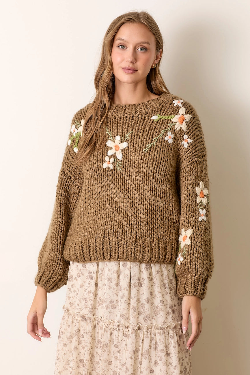 Taupe Pullover Sweater with Embroidered Flowers