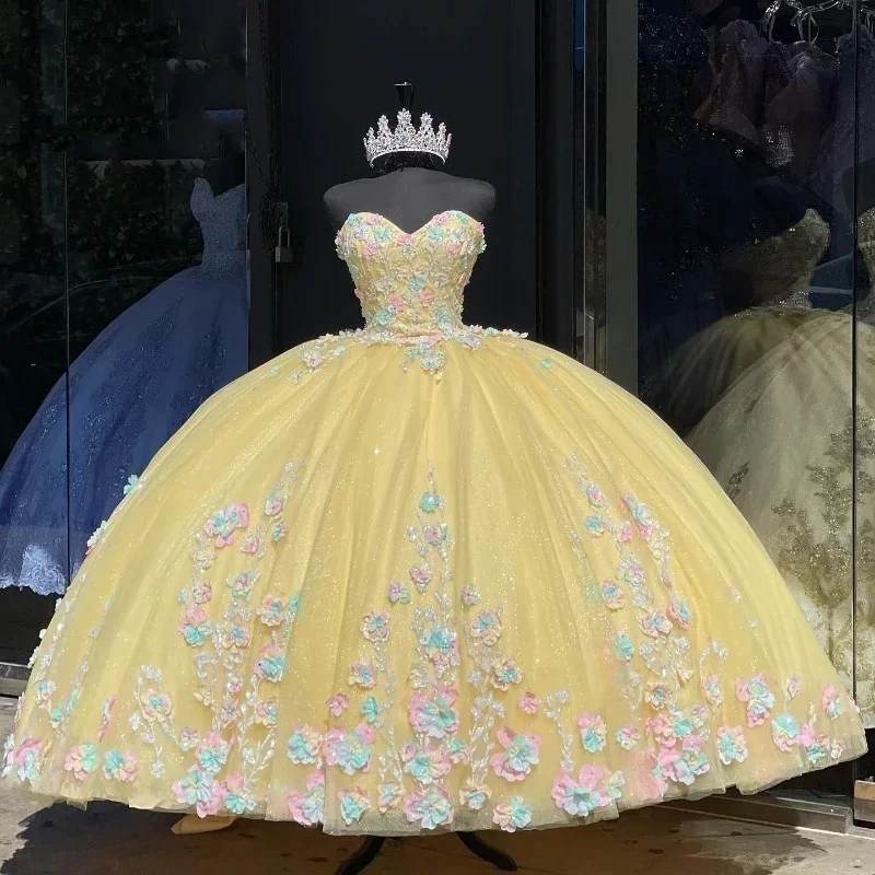 Shiny Yellow Lace-up Quinceanera Dress 3D Floral Applique Beading Ball Gown Off The Shoulder Tull Mexico Sweet 16 Vestidos De X