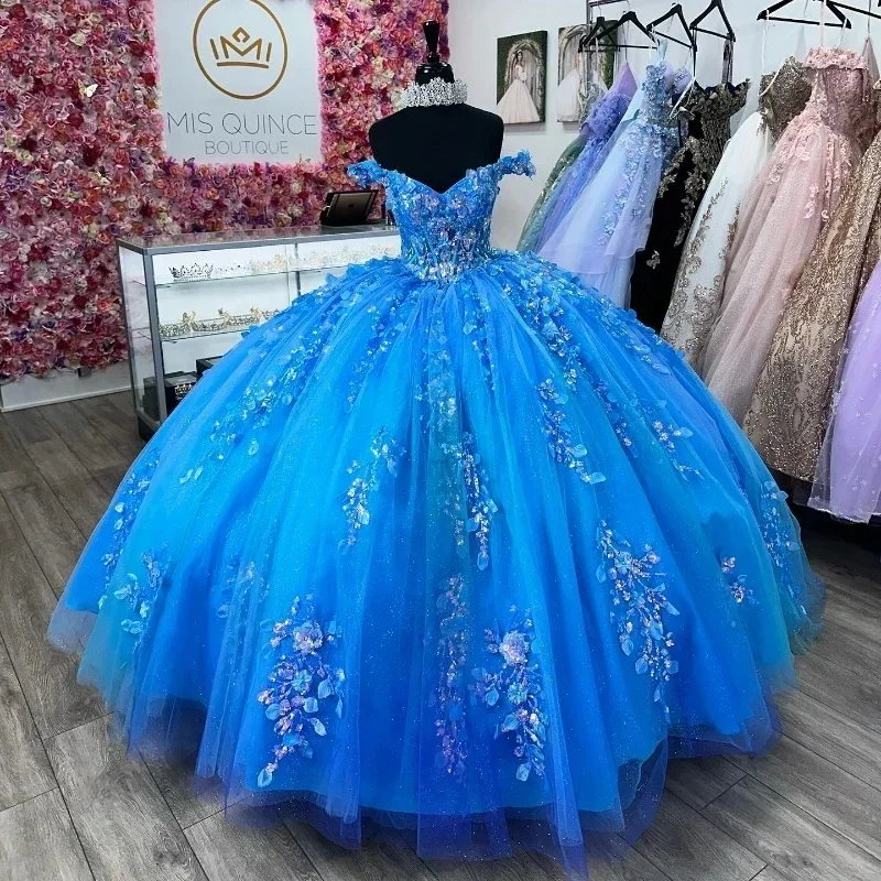 Gillter Blue Elegant Ball Gown Sequined Appliques Beading Crystal Quinceanera Dresses Off The Shoulder Corset Vestidos De 15 Año