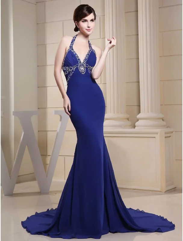 Mermaid / Trumpet Evening Gown Sparkle Dress Engagement Chapel Train Sleeveless Halter Chiffon with Beading