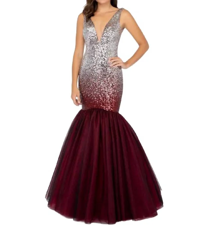 Sequin Mermaid Gown In Silver And Wine Red