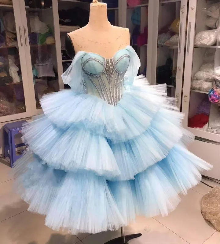 Fluffy Sky Blue Tulle Women Dresses To Birthday Party See Thru Coset Beaded Tulle Prom Gowns Sweatheart Ankle Length Tull Gowns