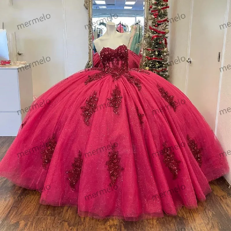 Burgundy Quinceanera Dresses Sweetheart Ball Gown Crystal Lace Appliques