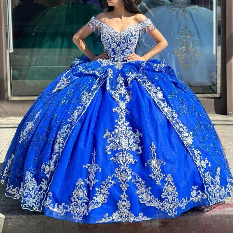 Blue Shiny Princess Quinceanera Dress Off Shoulder Lace Applique Beading Tull Corset Sweet 16 Vestidos De 15 Años