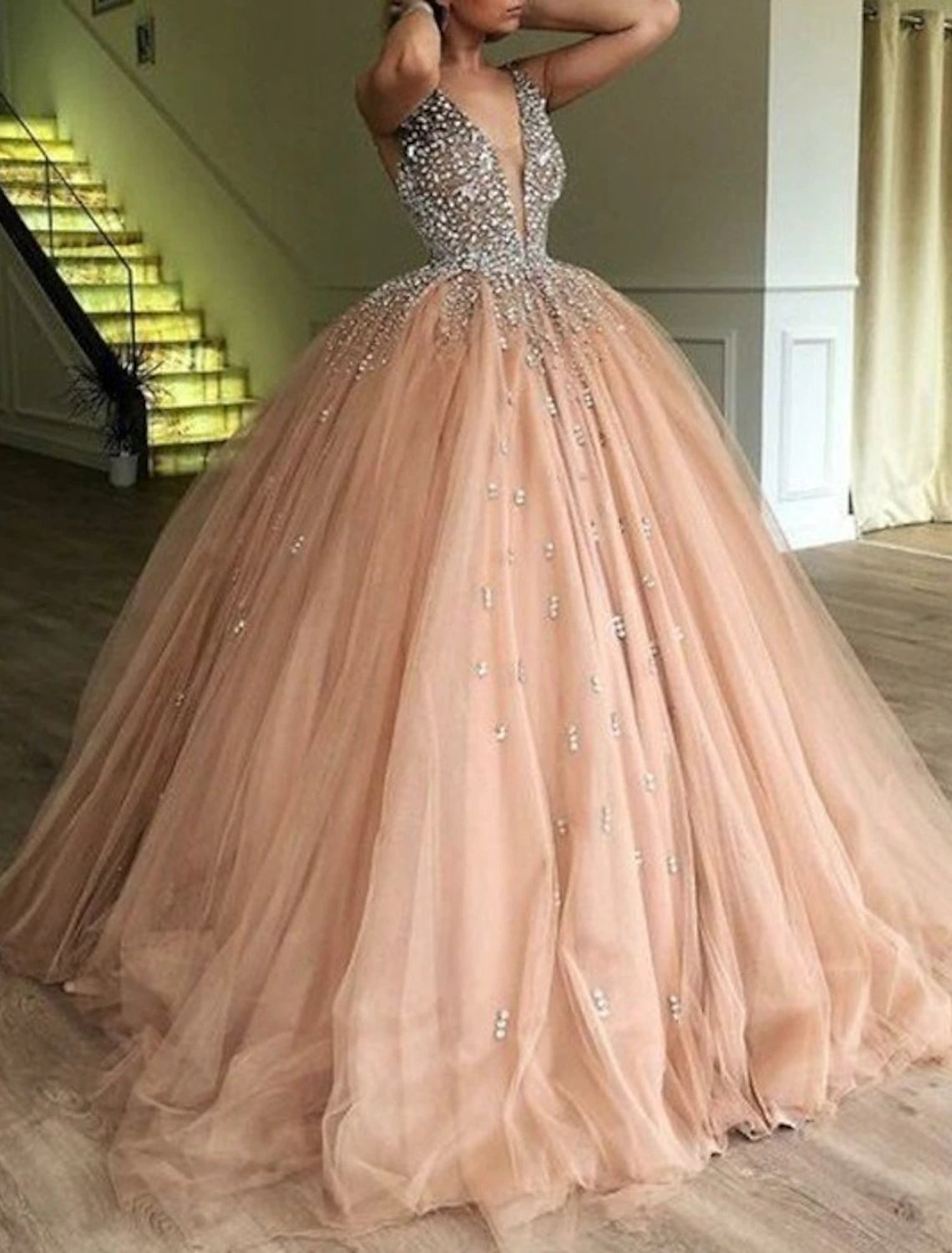 Ball Gown Evening Gown Sparkle & Shine Dress Quinceanera Prom Floor Length Sleeveless V Neck Satin with Crystals Sequin