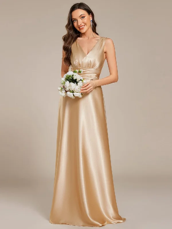 V-neck Empire Waist Satin Maxi Bridesmaid Dress with Pockets