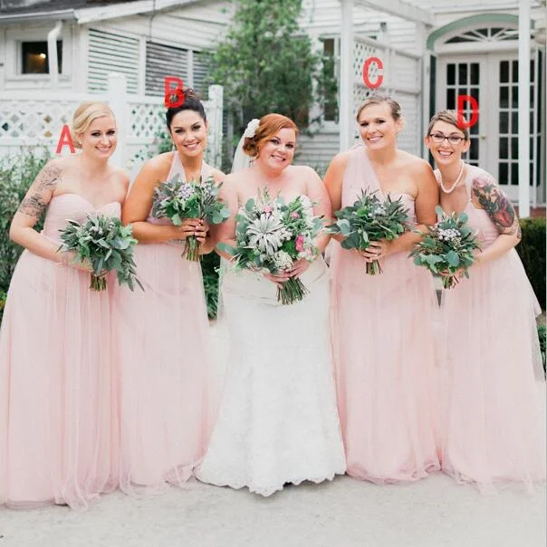 Soft Pink Lovely Tull Mismatched  Cheap Bridesmaid Dresses, Hot Sale Floor-length Formal Bridesmaid Dress Online , WG249