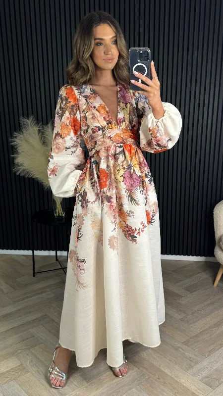 Louise Beige Floral Printed Midi Dress