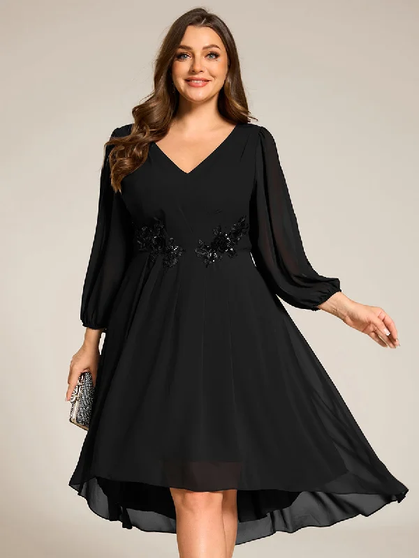 Plus Size Elegant Lantern Sleeve Applique Empire Waist Midi-Length Chiffon Evening Dresses with Asymmetrical Hem