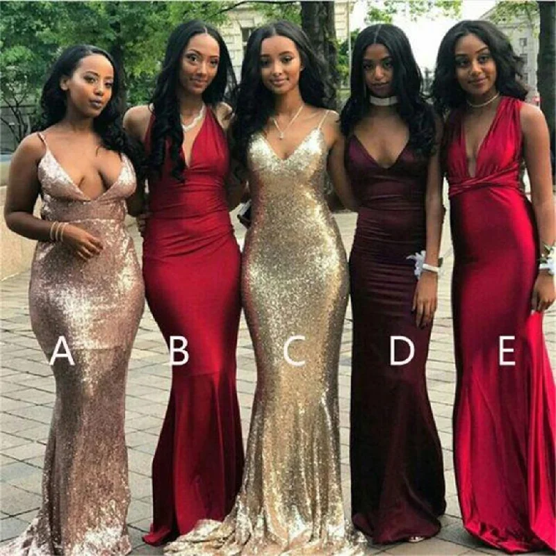 Cheap Mismatched V Neck Sexy Mermaid Bridesmaid Dresses, PD0369