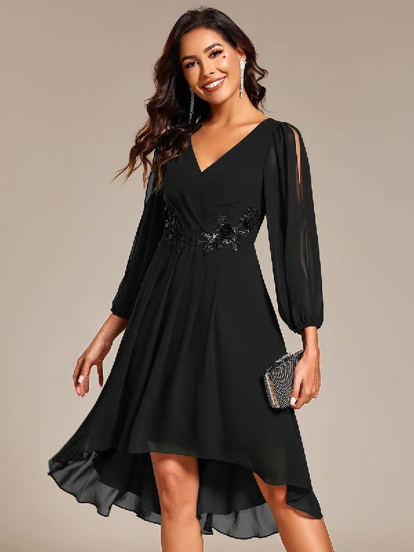 Elegant Lantern Sleeve Applique Empire Waist Midi-Length Chiffon Evening Dresses with Asymmetrical Hem