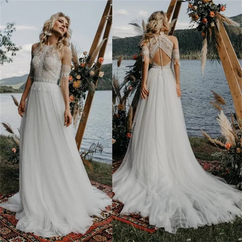 Bohemian Beach Wedding Dresses with Sleeves Robe De Mariage For Women Vintage Tassel Crochet Lace Country Garden Boho Bride