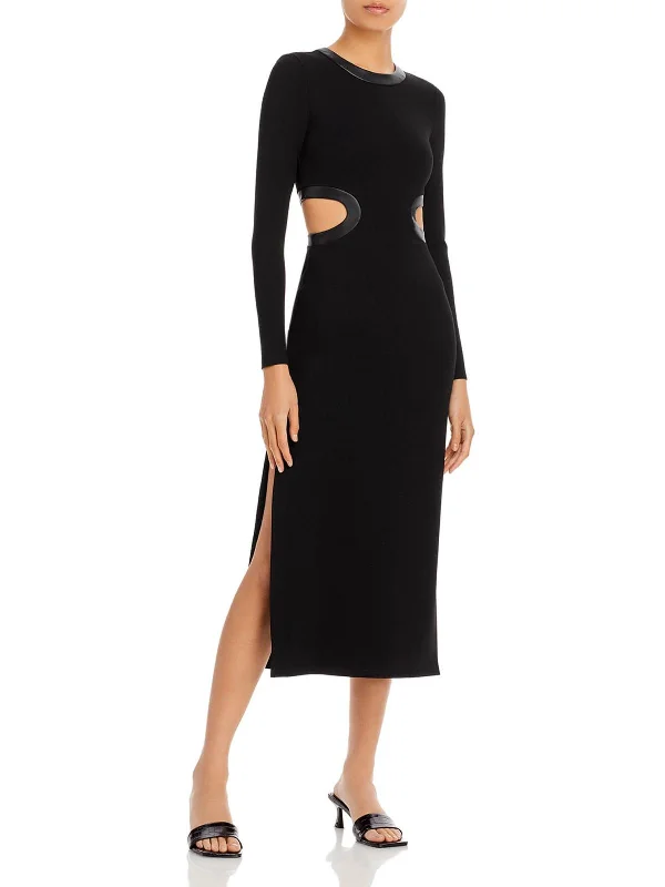 Womens Faux Leather Trim Cut-Out Maxi Dress