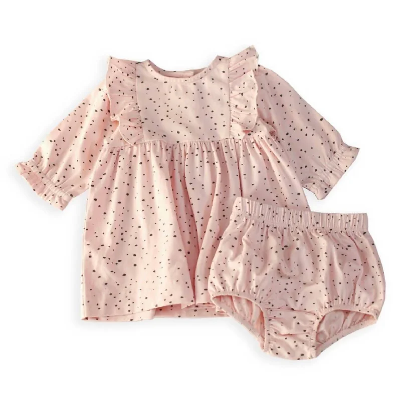 Girls' Pebble Ruffle Long-Sleeve Dress & Bloomer In Blush