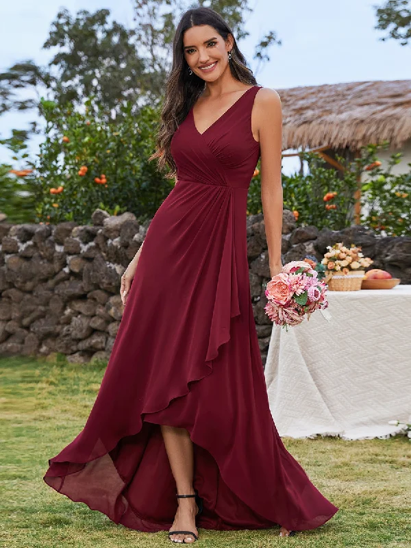 Elegant Midi Length Chiffon Bridesmaid Dresses with Asymmetrical Ruffles Hem