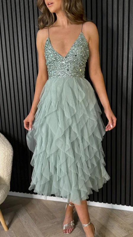 Soraya Teal Embellished Tulle Midi Dress