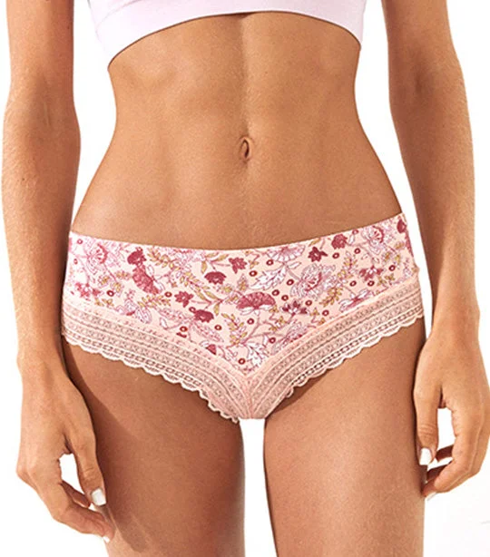 Printed Lace and Microfiber Wide Side Brazilian Panty Pink