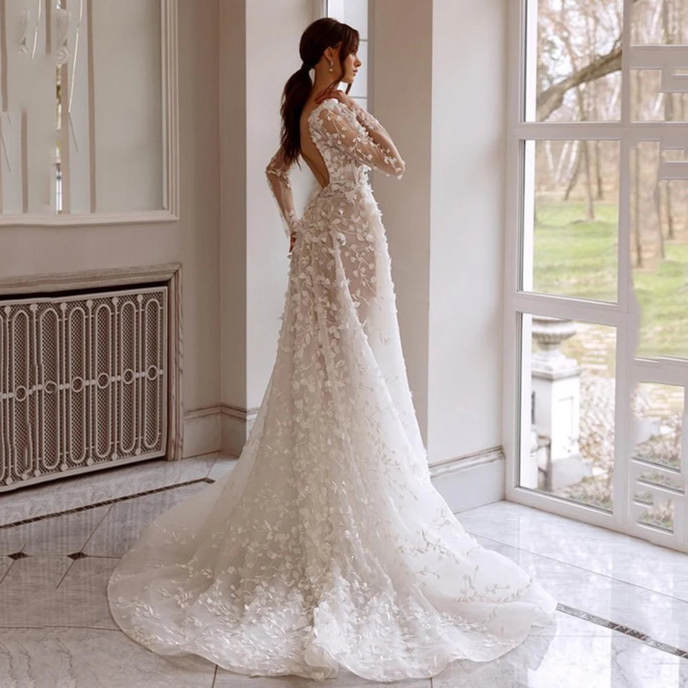 Sheer Deep V-Neck Wedding Dress Long Sleeves Lace Split Boho Bride Gown A-Line Backless Train Robe de mariée