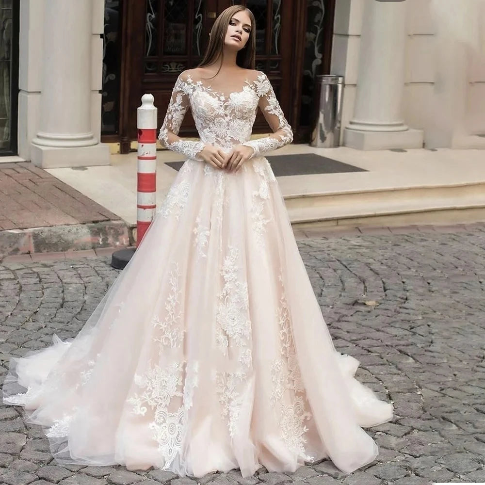 Exquisite Wedding Dresses For Women A-Line Luxury Bridal Gowns Lace Appliques Long Sleeves O-Neck Vintage Vestidos De Novia