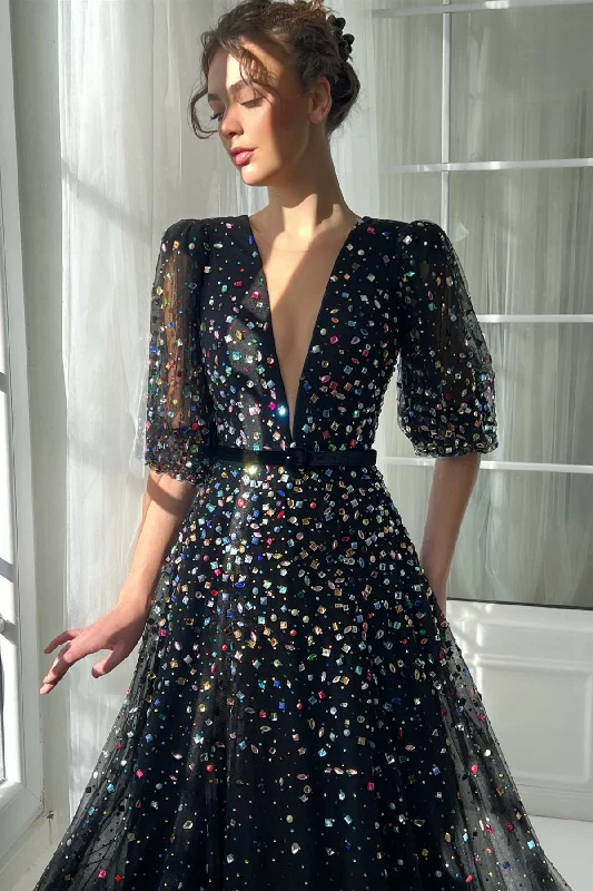 Deep V-neck Bubble Sleeves Colorful Rhinestones Prom Dresses, Black Maxi Dresses, Party Dresses, Formal Evening Dresses