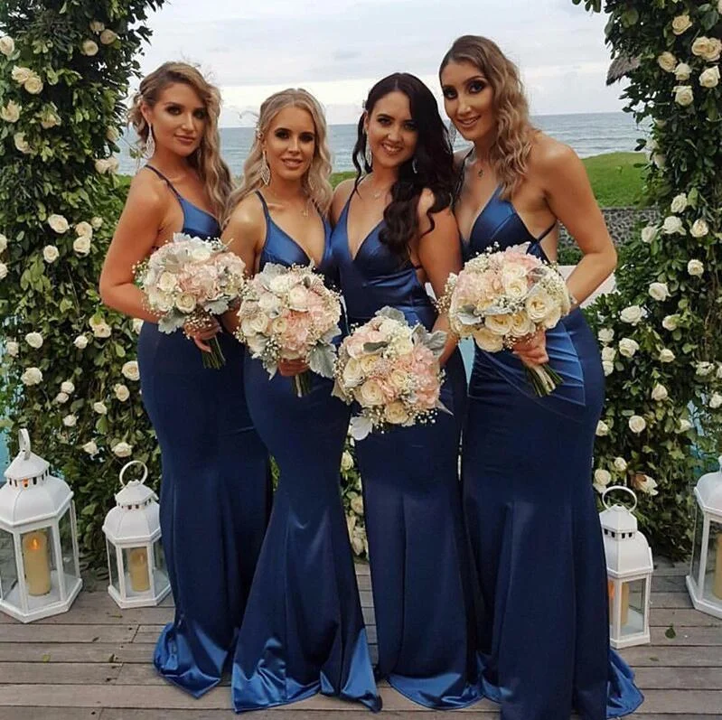 Cheap Modest  Unique Custom Soft Sexy Spaghetti Straps Long Dark Blue Bridesmaid Dresses , WG267