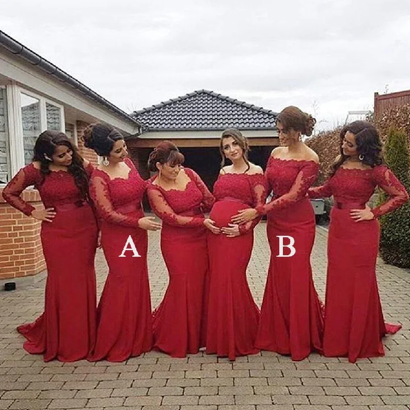 Red Lace Mermaid Long Sleeves Mismatched Long Wedding Bridesmaid Dresses , WG257