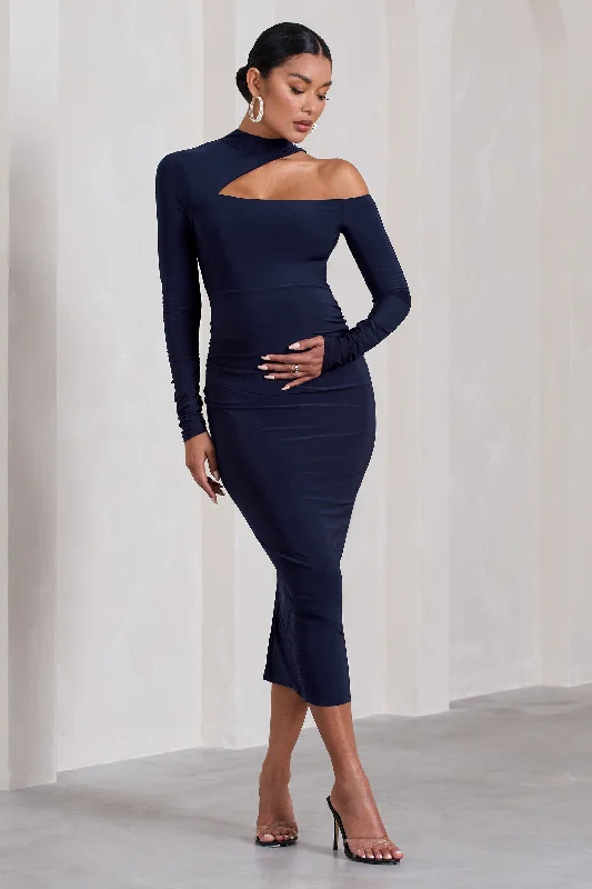 Just Dream | Navy Asymmetric High-Neck Cut-Out Maternity Midi Dress