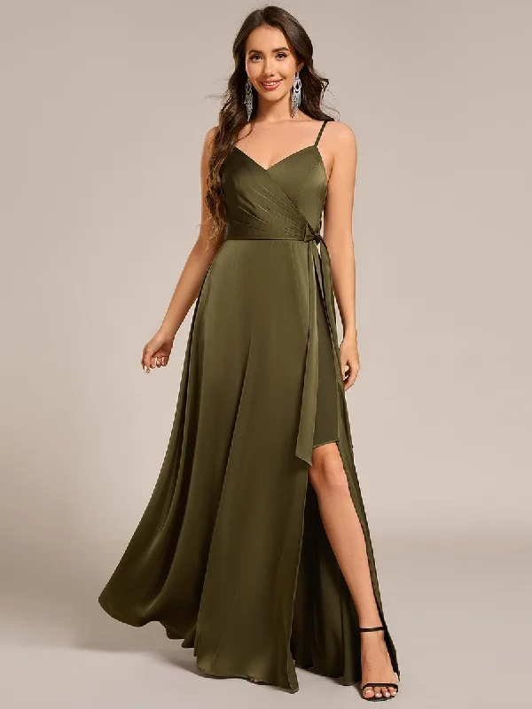 Wrap-Style Spaghetti Strap Maxi Satin Bridesmaid Dress