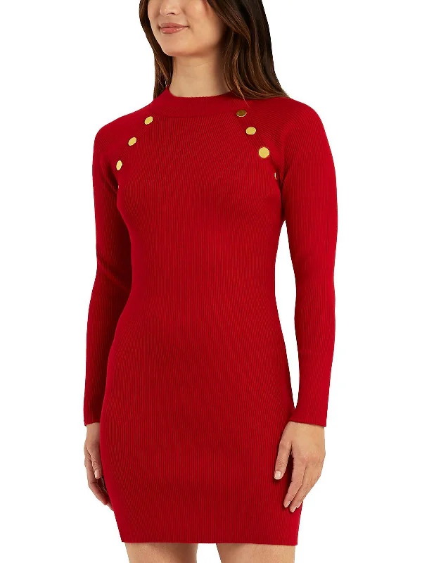 Juniors Womens Button Detail Mini Sweaterdress