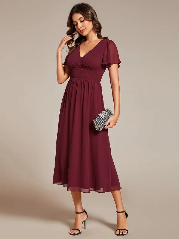 Classical Ruffles Sleeve Ruched Empire Waist Midi Length Chiffon Dresses with Lining