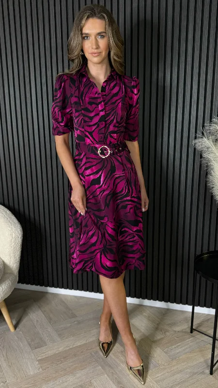 Dervla Pink & Black Leopard Print Collared Midi Dress