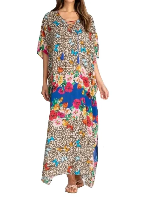 Bella Lace Up Maxi Kaftan Dress in Multi