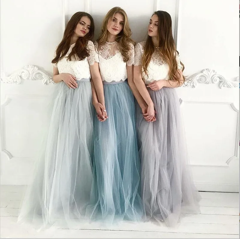 Cheap Two Piece Round Neck Long Light Blue Grey Silver Purple Lilac Tulle With Top Lace  Bridesmaid Dresses, WG270