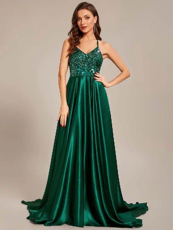 Custom Size V-neck Glitter Sequin Halter Long Prom Dress