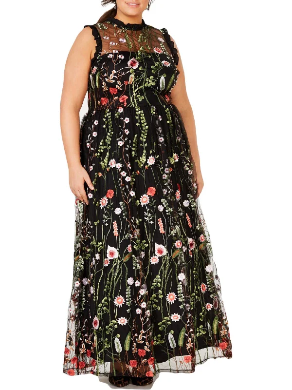 Plus Womens Embroidered Floral Maxi Dress