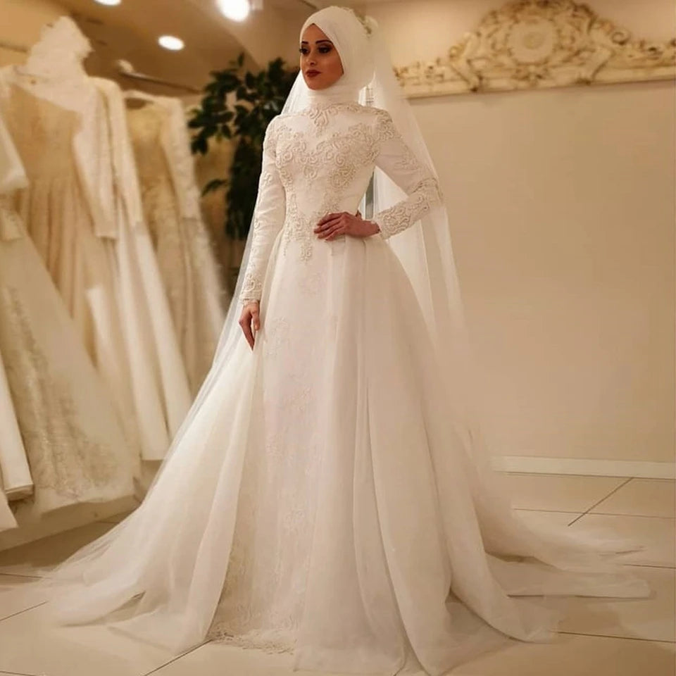 White/Ivory Women A-Line Wedding Dresses Muslim Arabic Lace Appliques Bridal Gowns Elegant Long Sleeves Vestidos De Novia