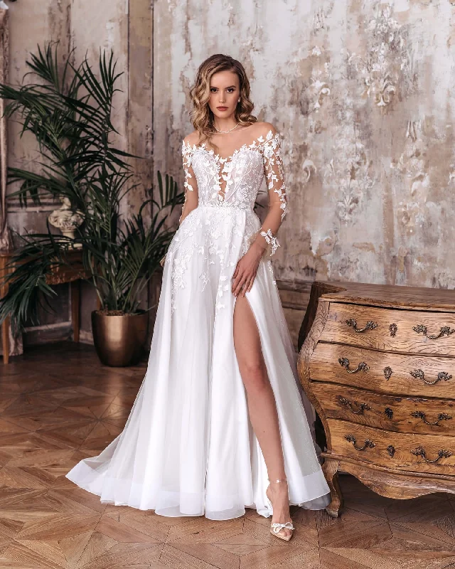 Elegant A-Line Wedding Dress Women Open Back V-Neck Lace Long Sleeve Side Split Tulle Bridal Gown Sweep Train Vestidos De Noiva