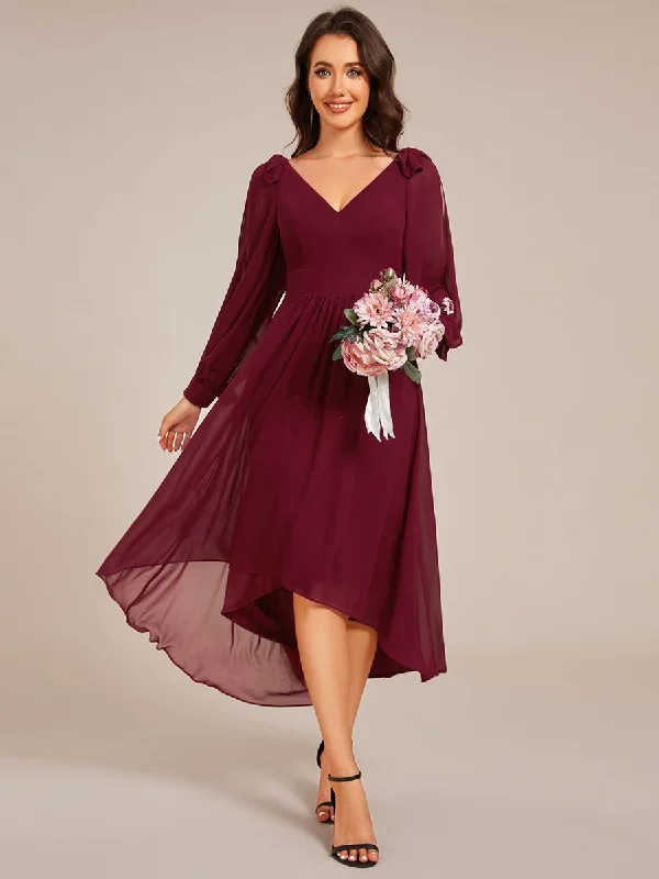 Elegant Butterfly Design Long Sleeves Midi Length A-Line Asymmetrical Hem Chiffon Dresses