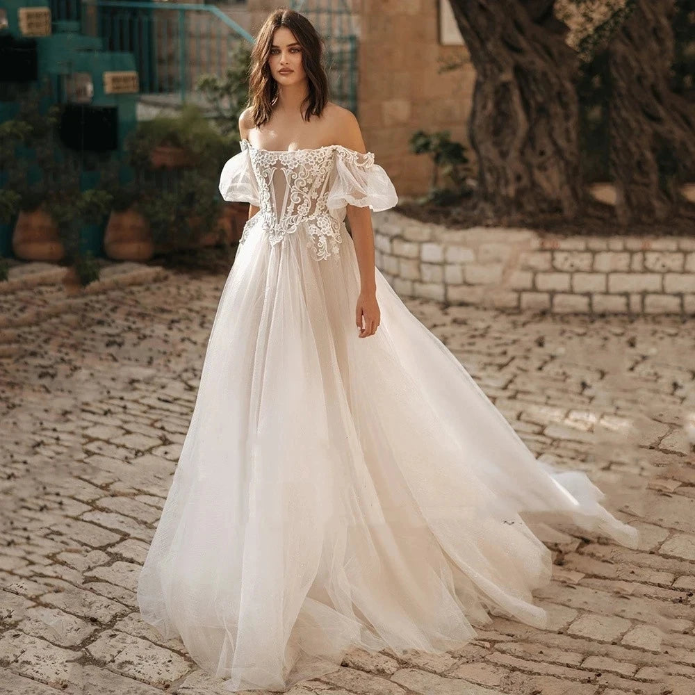 Vintage Simple Wedding Dresses Boat-Neck A-Line Bridal Gowns Lace Appliques Tulle Robes Off The Shoulder Vestidos De Novia