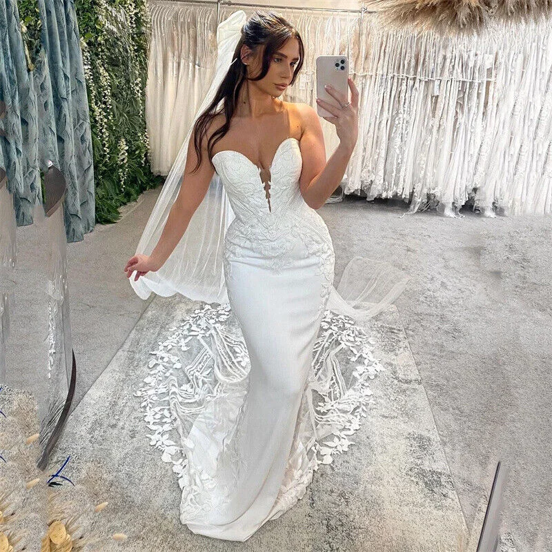 Mermaid Wedding Dress Women Open Back Lace Sweetheart Strapless Applique Bridal Gown Sweep Train Vestidos De Novia