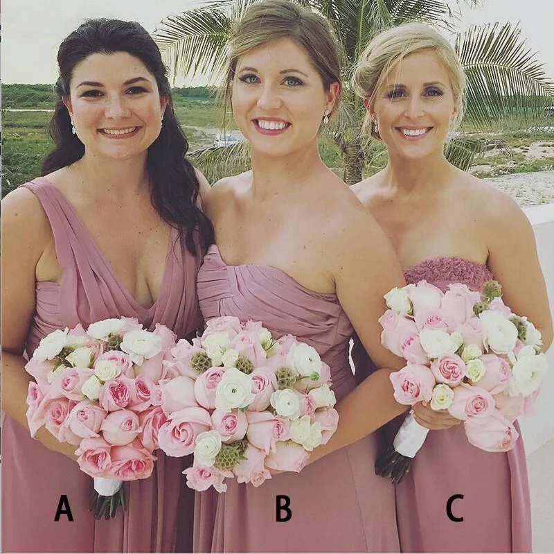 A-Line  Long Dusty Pink Chiffon Cheap Modest Sexy Unique Soft Elegant Hot Sale Mismatched Bridesmaid Dresses Online, WG259