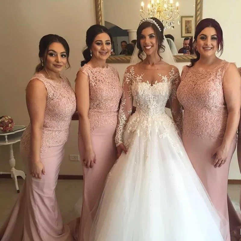 Custom Strapless Long Blush Pink Mermaid Top Lace Bridesmaid Dresses, Wedding Guest Dresses, WG251