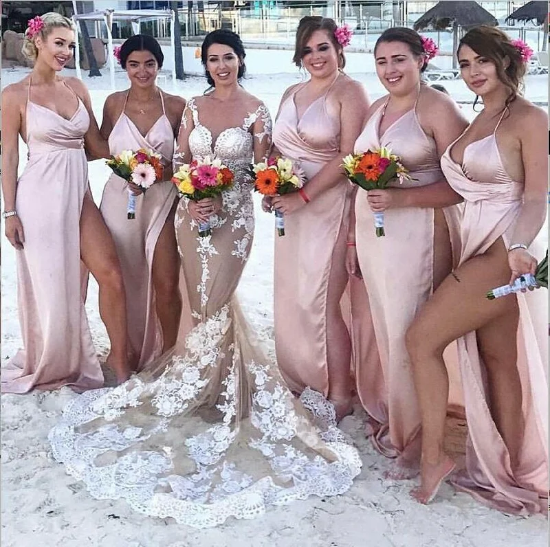 Cheap Modest Sexy Blush Side Split Spaghetti Straps Simple Bridesmaid Dresses, WG271