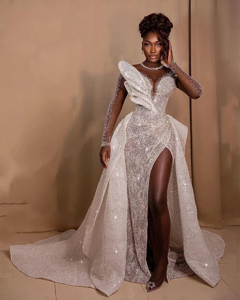 African Luxury Full Beaded Side Slit Wedding Dress Leaf Design Detachable Train Women Dubai Bridal Gowns Vestido De Casamen