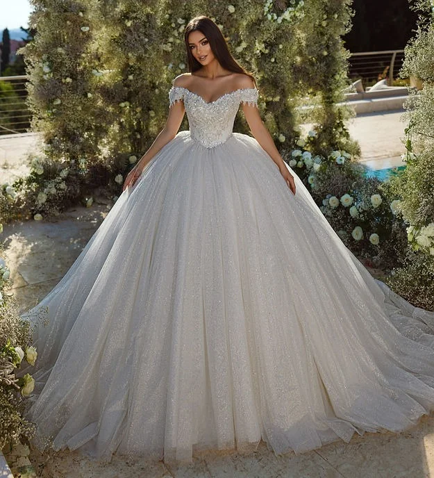 Glitter Lace Wedding Dresses Sparkly Off Shoulder A-Line Backless Appliques Bridal Gowns 3D Flowers Princess Bride Dress