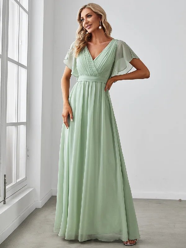 Custom Size A Line Wholesale Bridesmaid Dresses with Deep V Neck Ruffles Sleeves